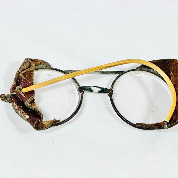 Antique Vintage Motorcycle Glasses W/ Side Leather Metal Wire Frame Round Lens - Picture 3 of 16